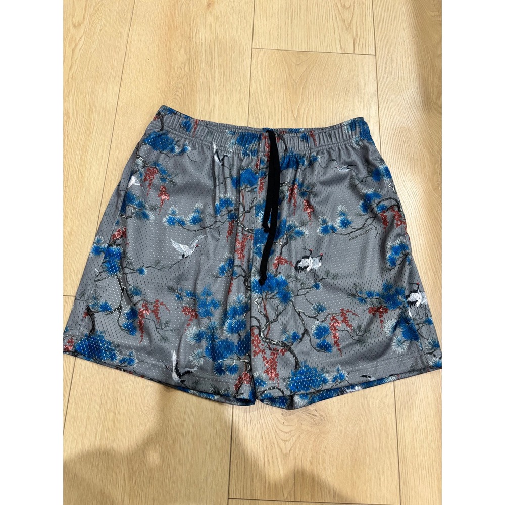John Elliott Grey Mesh Game Shorts Crane Pine Tree Graphic Print Mens Size 2 M